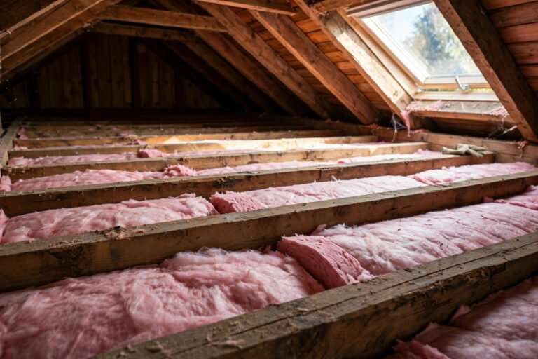 How to insulate an attic: laying fiberglass batts between attic joists