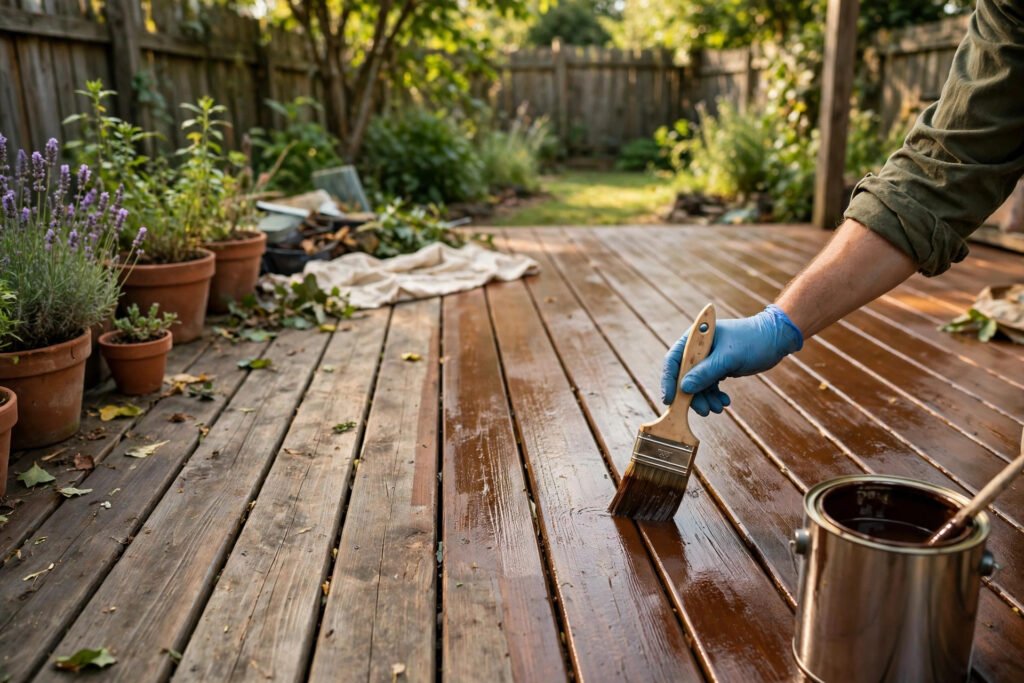 How to seal a deck: applying wood sealer to deck boards with a brush