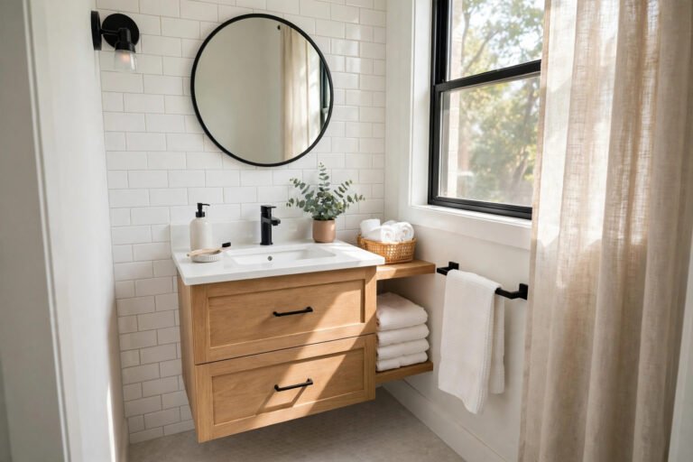 Small bathroom remodel ideas: walk-in shower, floating vanity, and large mirror in a compact bathroom